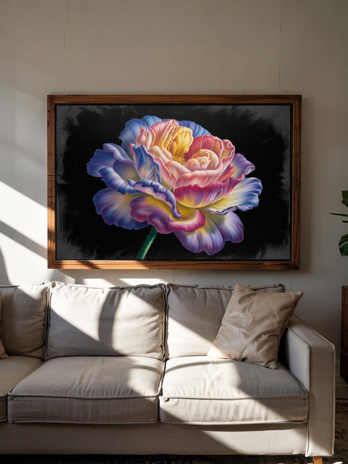 Colorful Peony Flower Bloom Black Background Botanical Art Poster