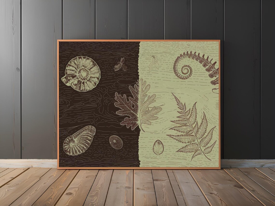 Vintage Ammonite Fossil Fern Botanical Two Tone Line Art Print