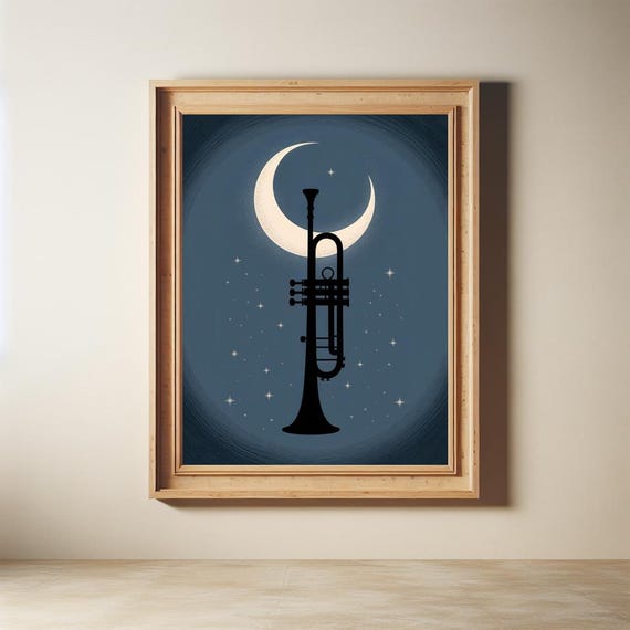 Trumpet And Moon Wall Art Dreamy Night Sky Jazz Print
