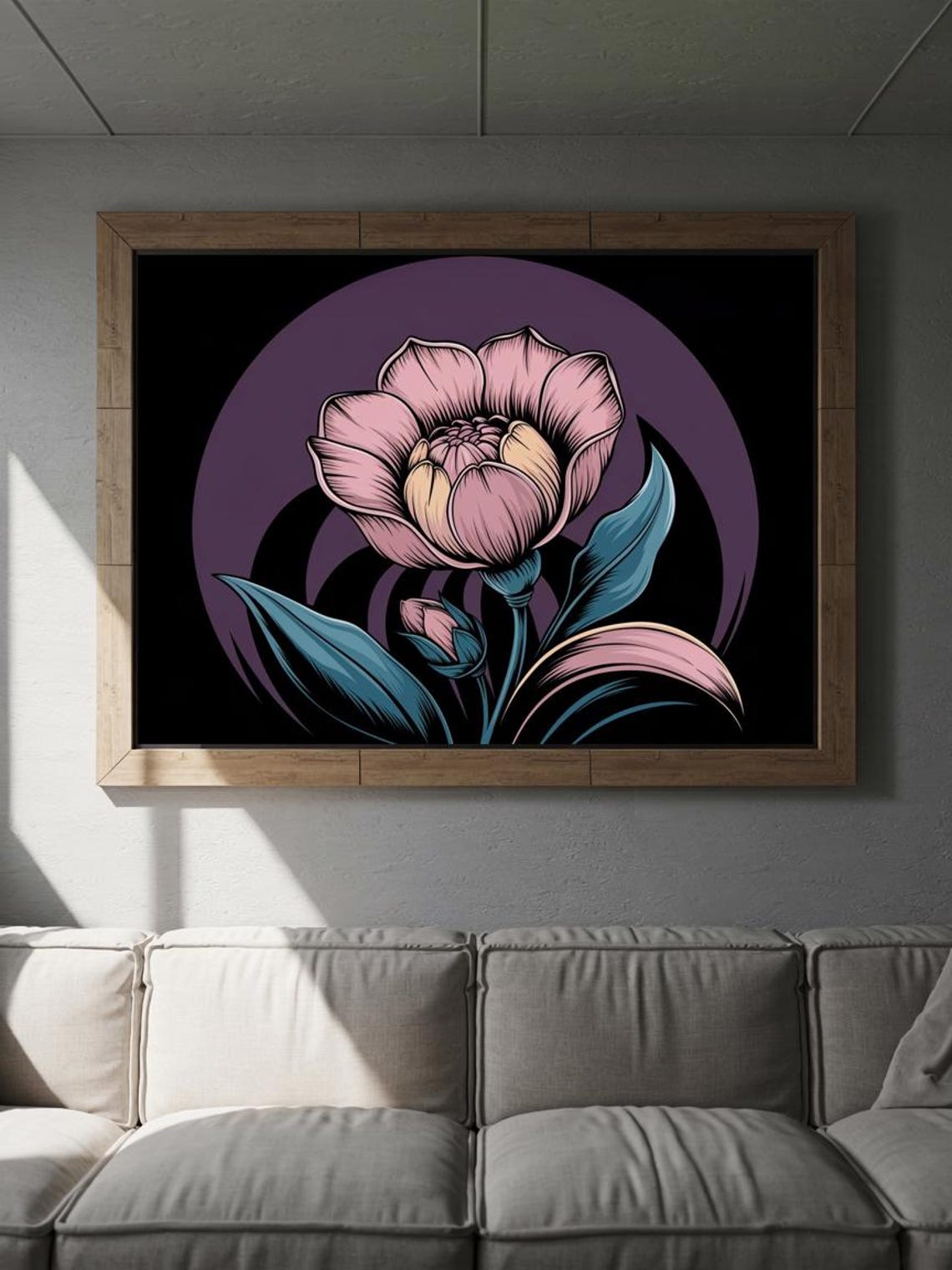 Pink Bloom With Teal Leaves Dark Graphic Botanical Art Poster - Image 2