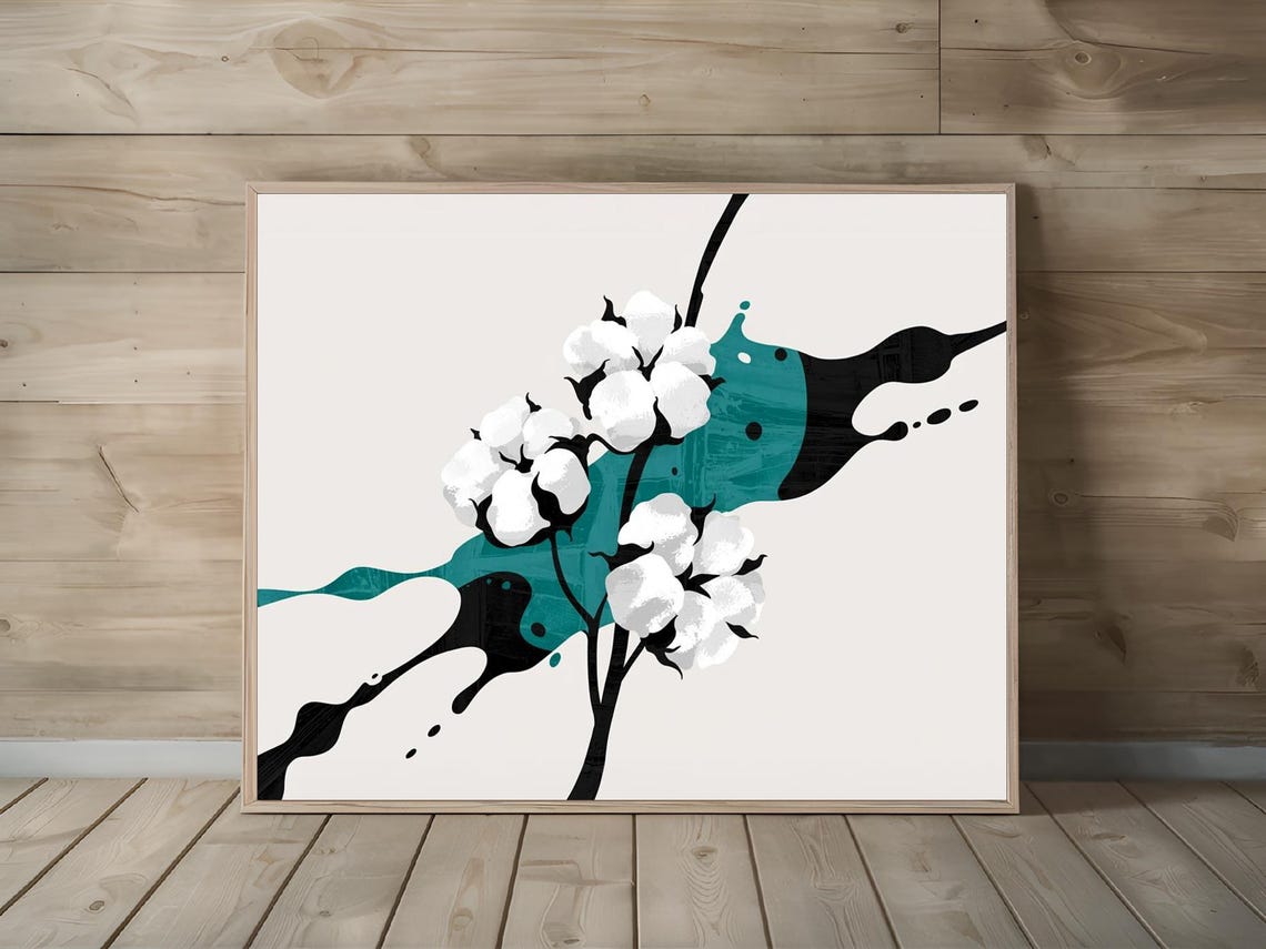 Bleached White Cotton Bolls Teal Black Ink Splatter Art Poster - Image 2