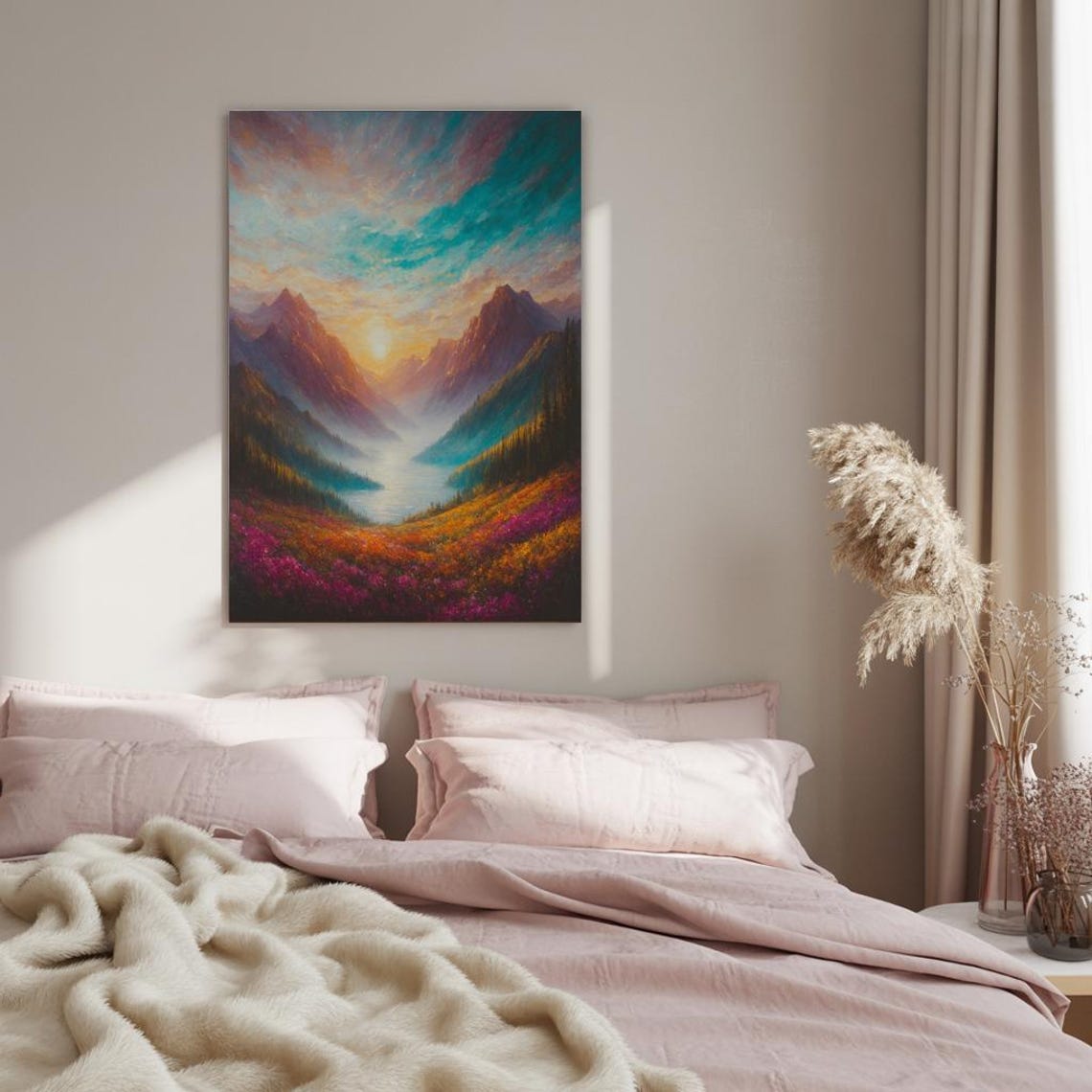 Vivid Mountain Valley With Magenta Wildflowers at Sunset Poster