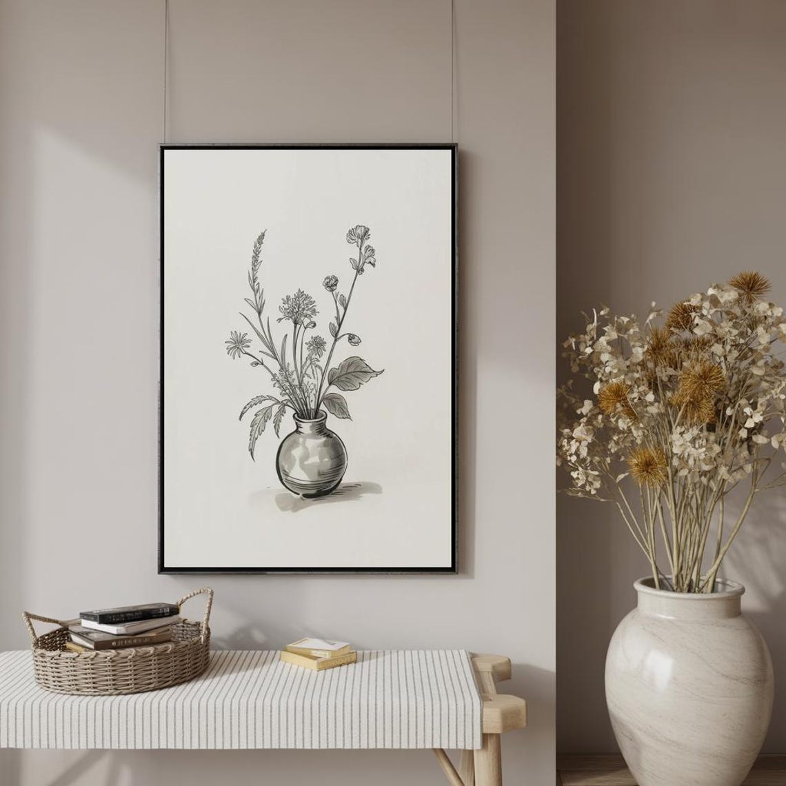 Rustic Ink Botanical Wildflowers In Small Vase Line Art Poster