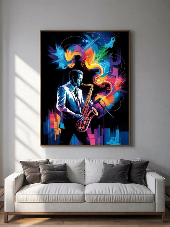 Neon Jazz Saxophonist Performing With Colorful City Skyline Poster