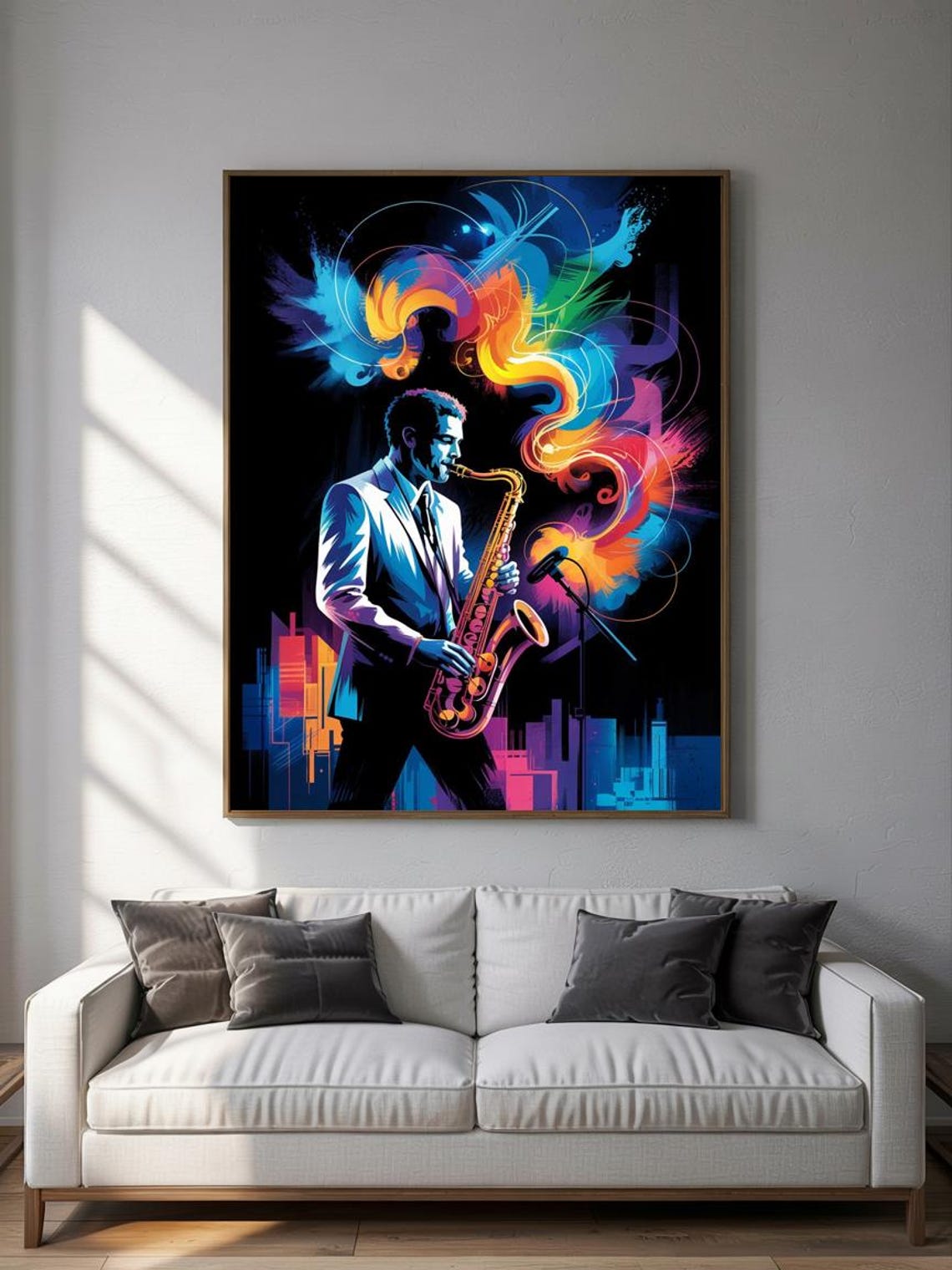 Neon Jazz Saxophonist Performing With Colorful City Skyline Poster