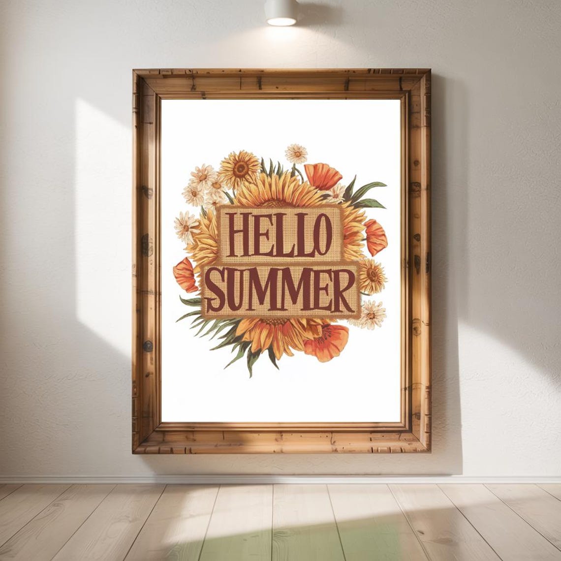 Hello Summer Burlap Label Sunflower Daisy Farmhouse Rustic Poster - Image 3