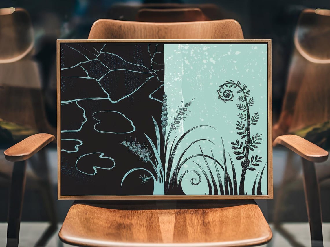 Cracked Ice Fern Fronds Split Black Teal Botanical Nature Poster - Image 2