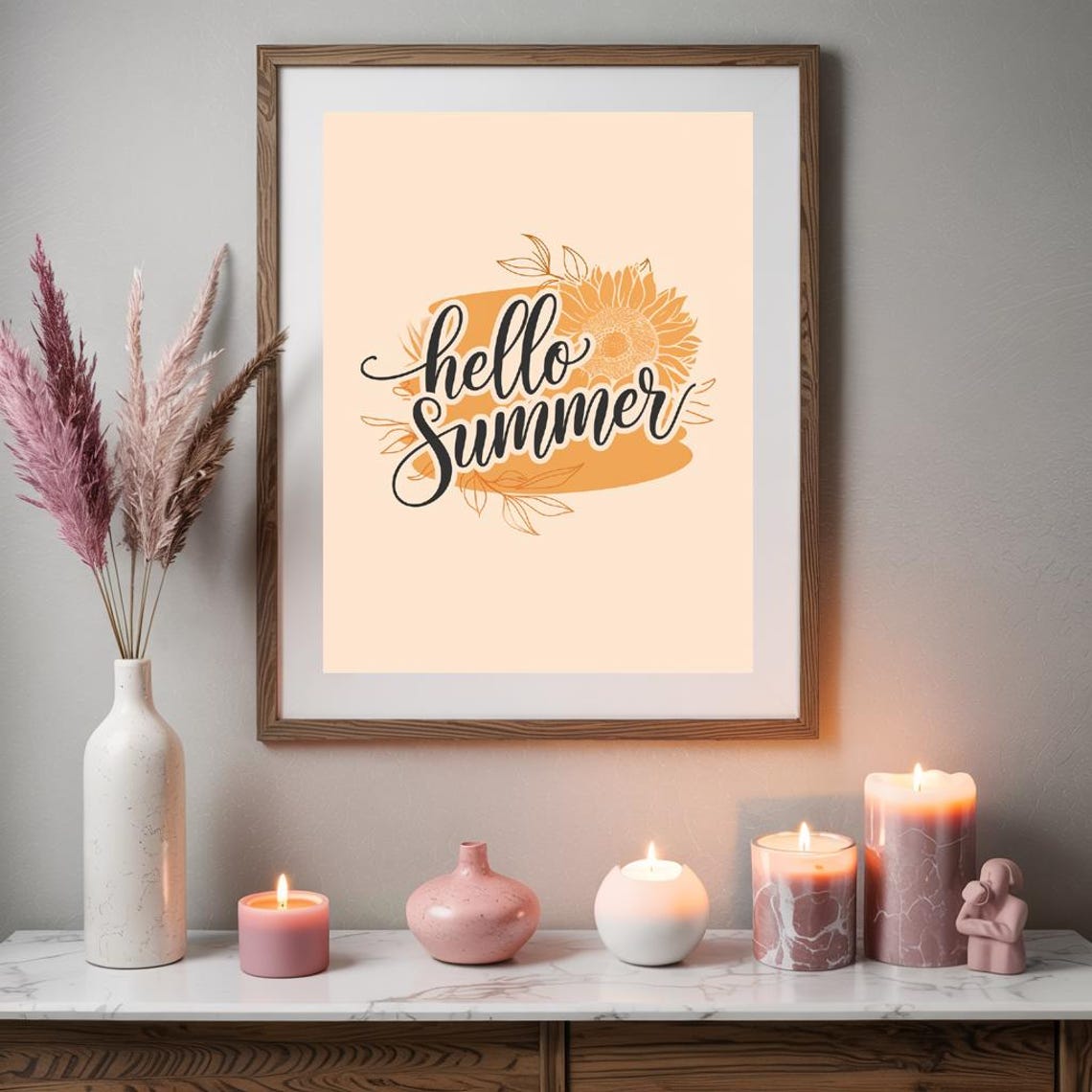 Hello Summer Sunflower Script Warm Peach Boho Floral Art Poster