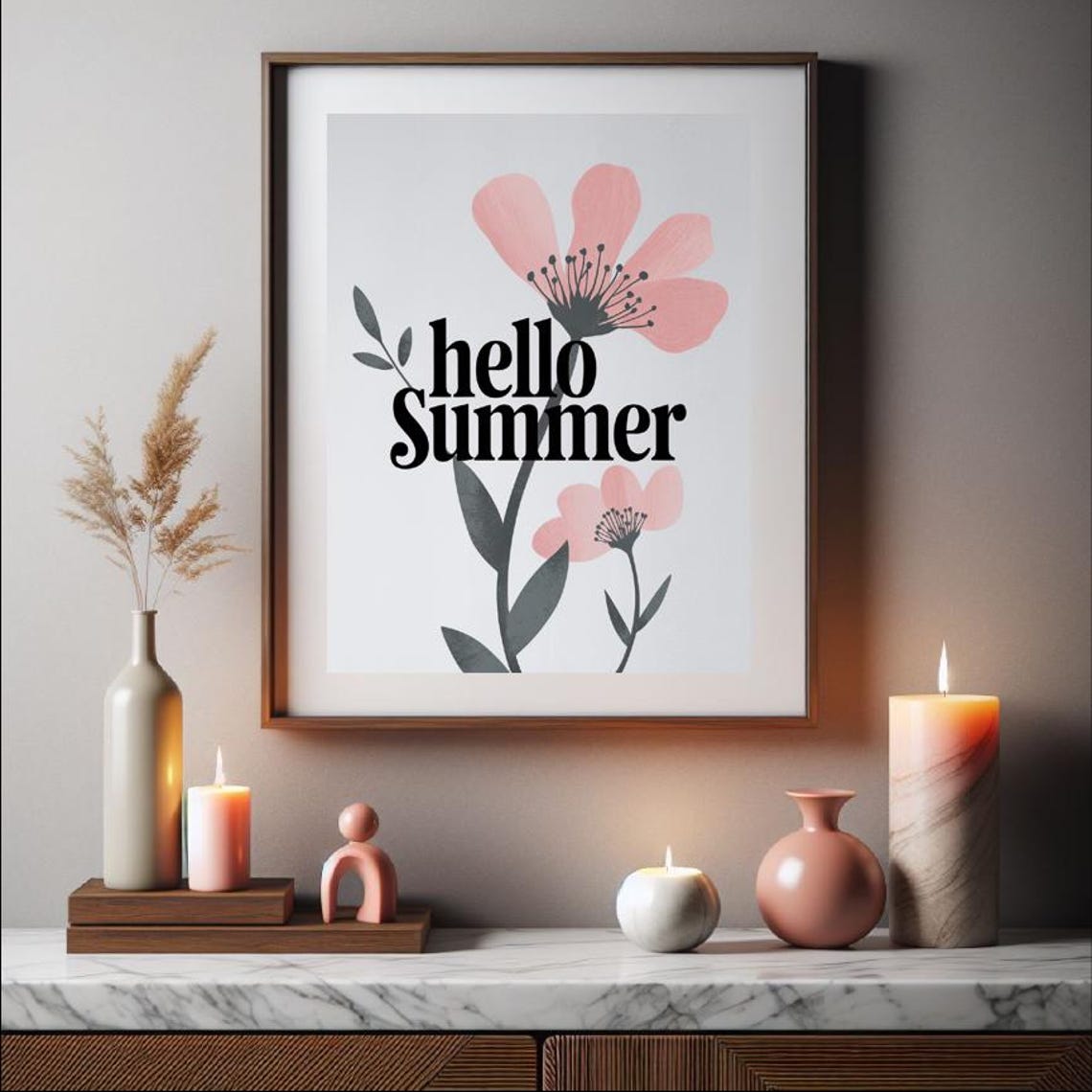 Hello Summer Black Serif Pink Blossom Minimalist Floral Decor Print - Image 2