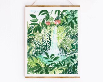 Peaceful Waterfall Art Print, Zen Botanical Landscape
