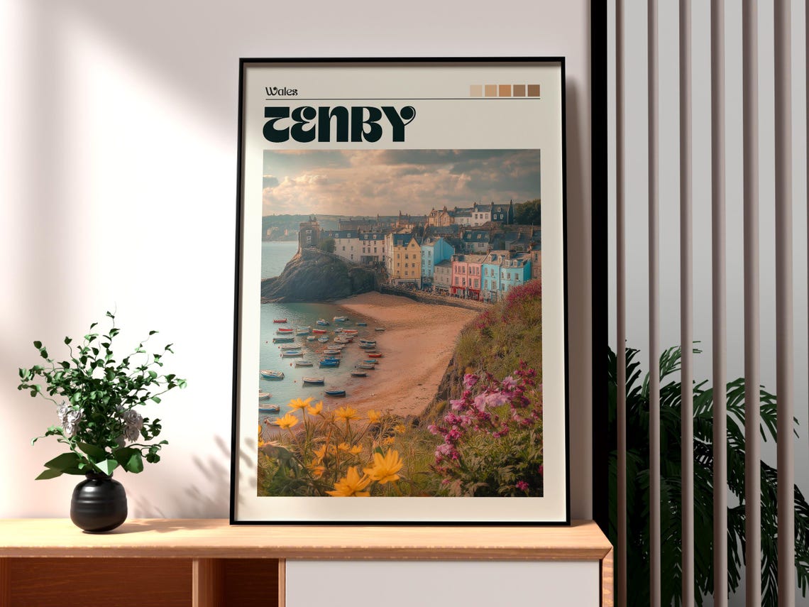 Tenby Wales Colorful Harbor Beach Flower Coast Travel Poster