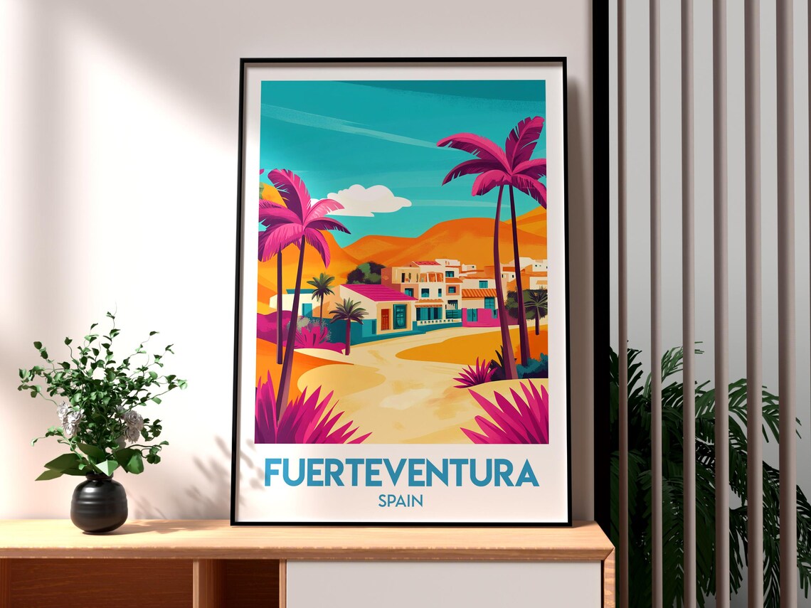 Fuerteventura Spain Bright Canary Island Village Scene Travel Poster