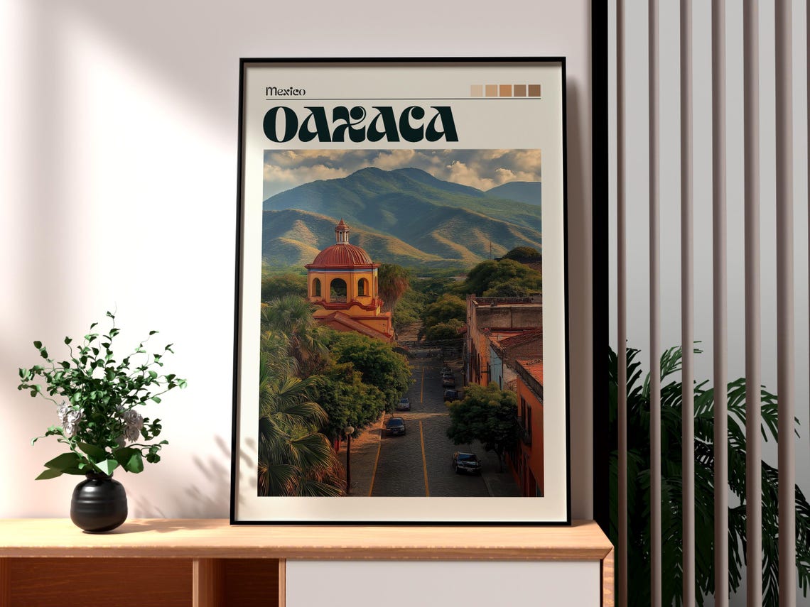 Oaxaca Mexico Colonial Church Red Dome Mountain View Travel Poster