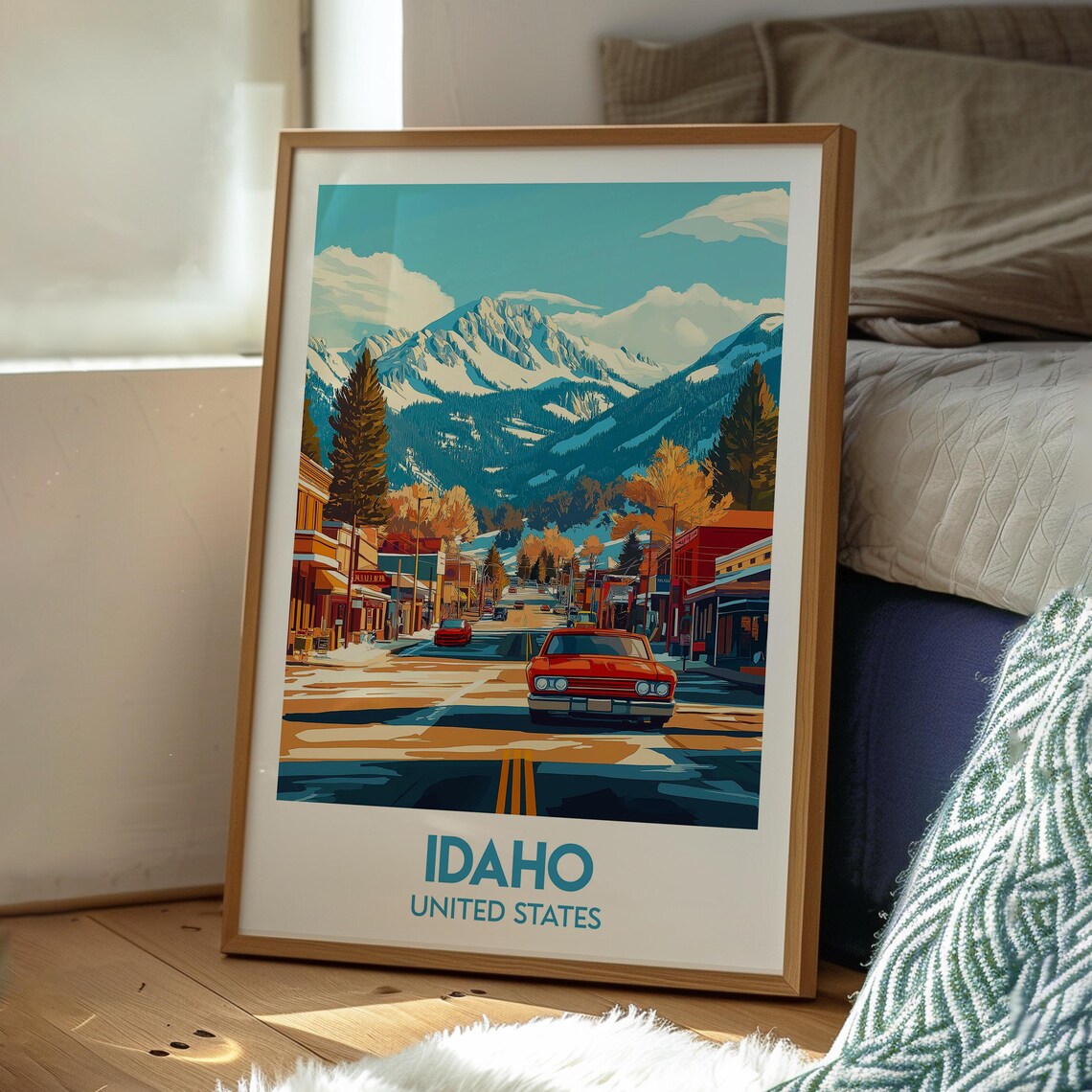 Idaho USA Mountain Town Main Street Red Car Vintage Scene Poster - Image 3