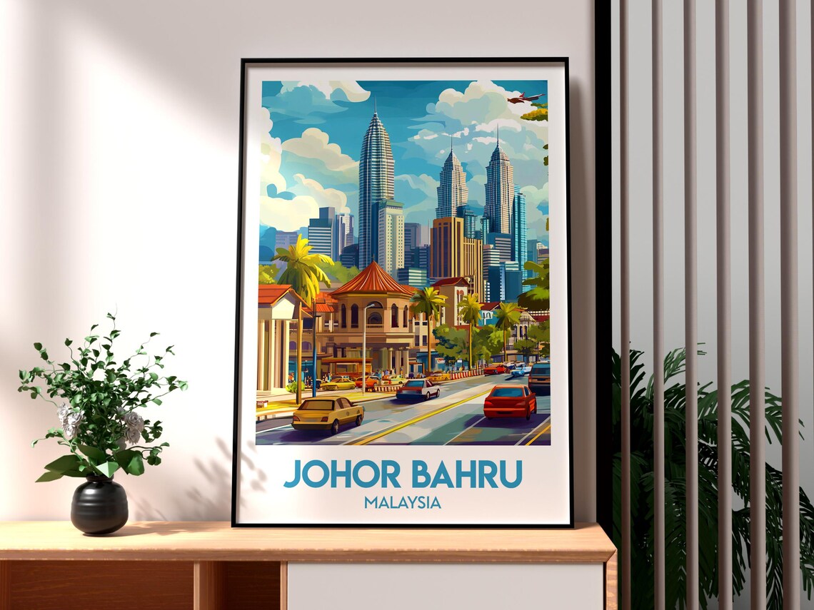Johor Bahru Malaysia Colorful City Skyline Retro Travel Art Poster