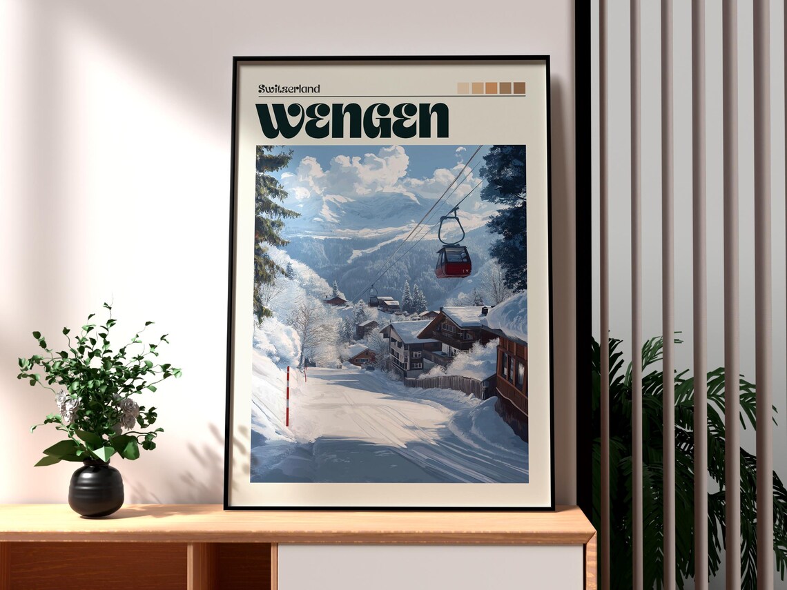 Wengen Switzerland Swiss Alps Ski Village Snowy Cable Car Poster