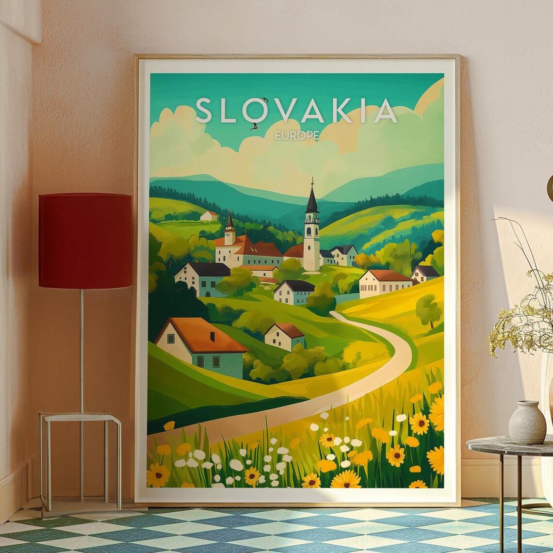Slovakia Europe Village Church Green Valley Wildflower Travel Poster - Image 2