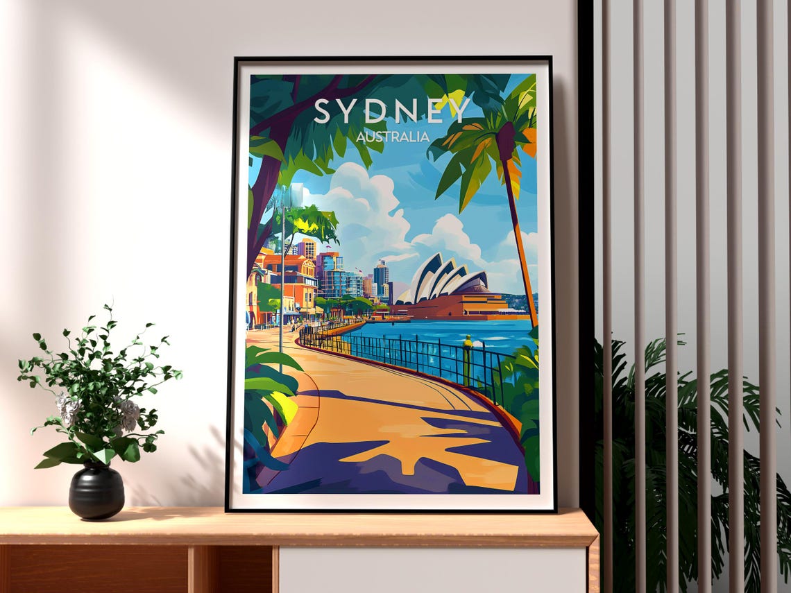 Sydney Australia Opera House Harbor Promenade Vintage Travel Poster