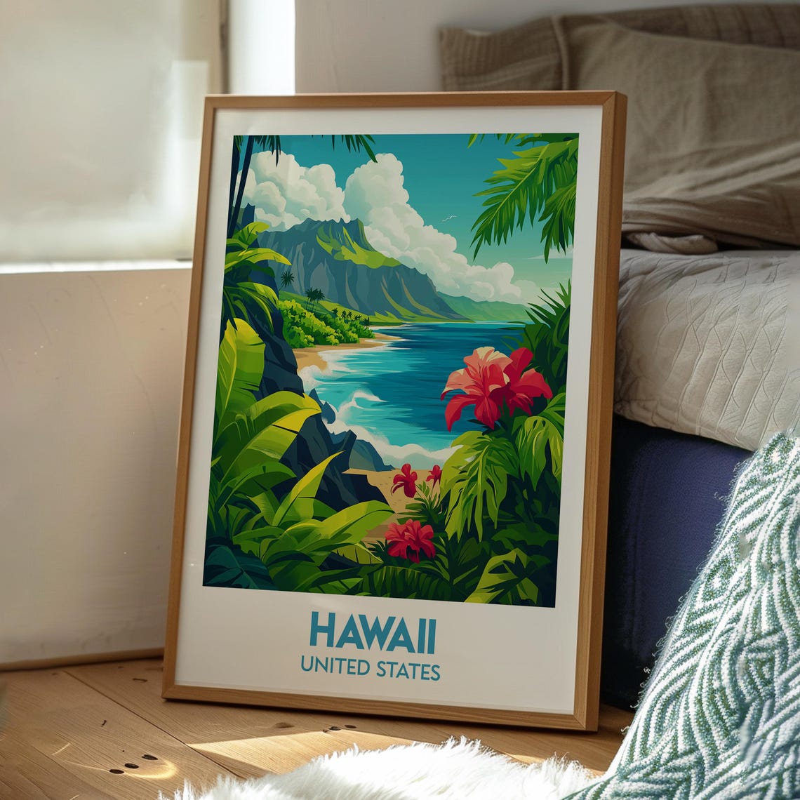 Hawaii Tropical Coastline Hibiscus Flowers Ocean View Travel Poster - Image 3