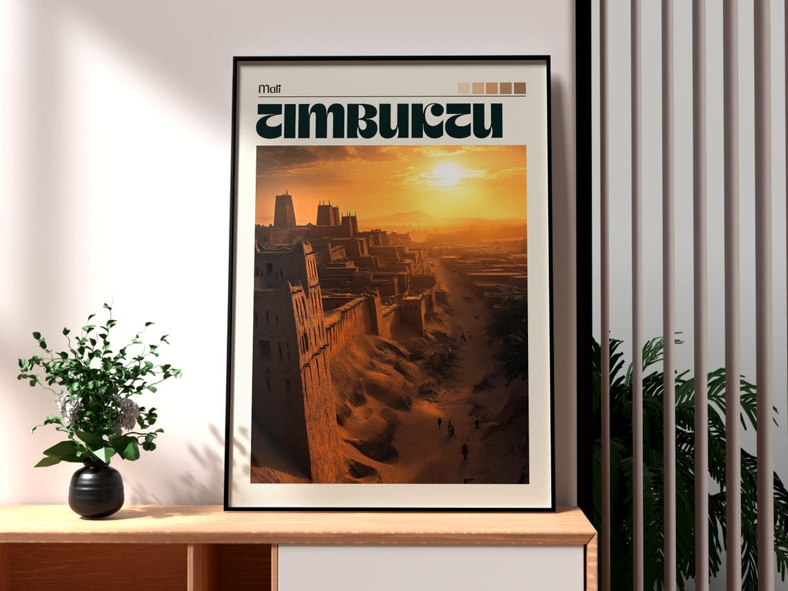 Timbuktu Mali Desert City Sunset Dunes Ancient Travel Poster