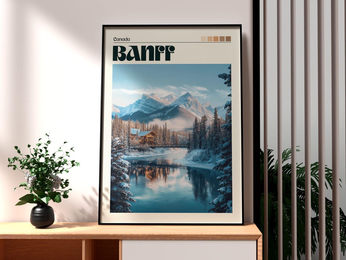 Banff Canada Winter Snowy Cabin Lake Mountain Reflection Poster