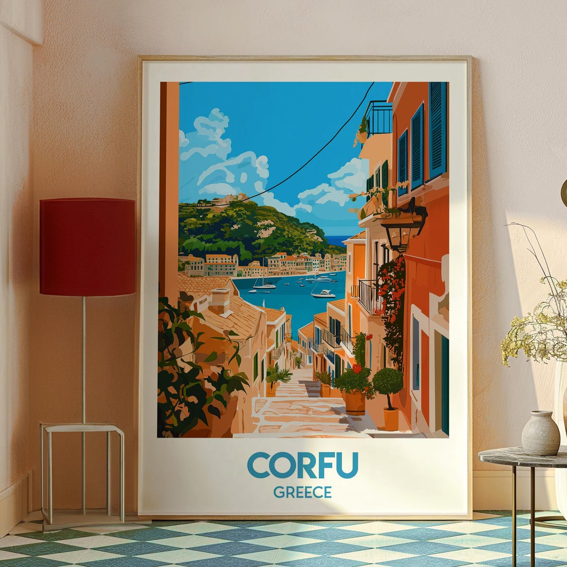 Corfu Greece Harbor Steps Seaside Old Town Village View Poster - Image 2