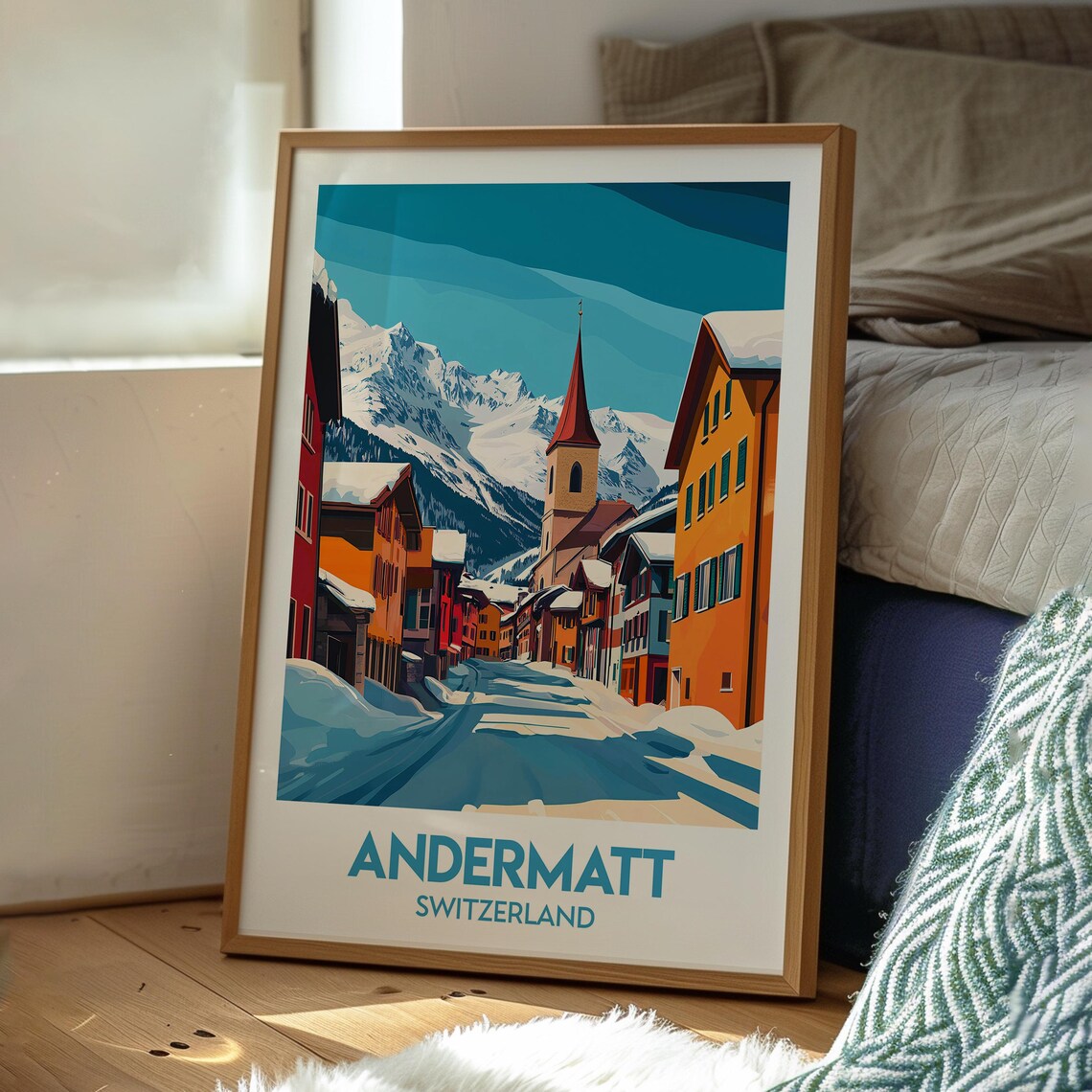 Andermatt Switzerland Snowy Alpine Village Church Winter Travel Poster - Image 3