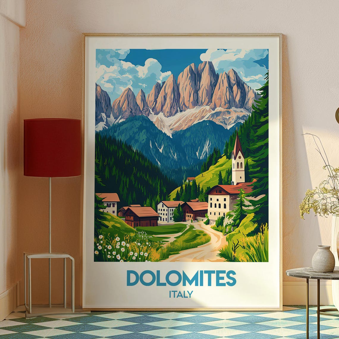 Dolomites Italy Alpine Peaks Village Church Mountain Travel Poster - Image 2