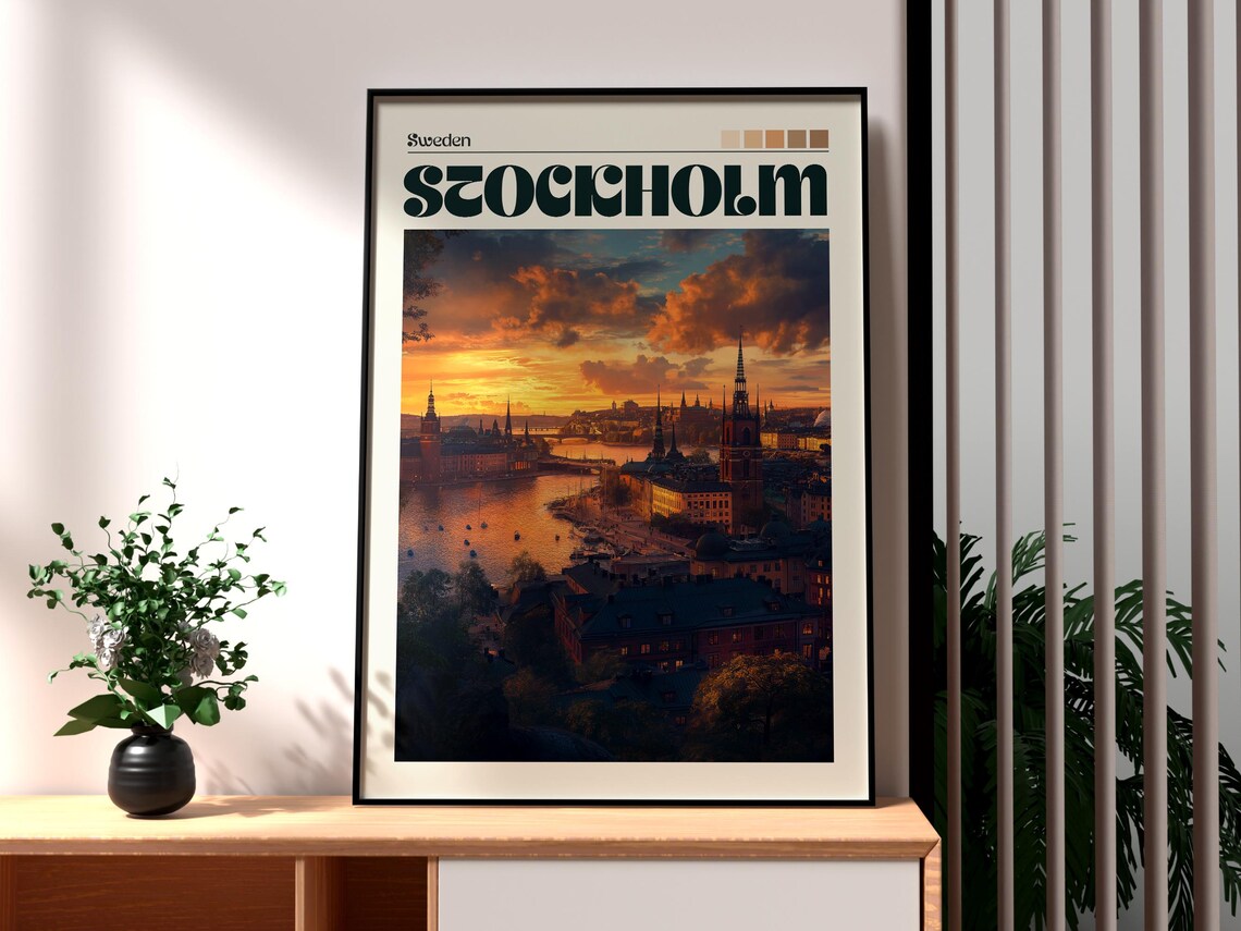 Stockholm Sweden Old Town Harbor Sunset City Skyline Travel Poster