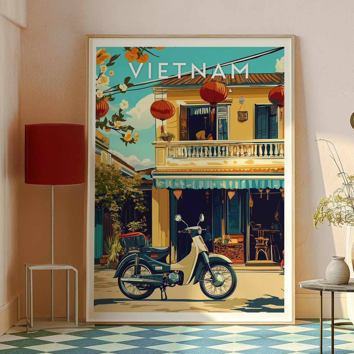 Vietnam Vintage Classic Retro Shophouse Lantern Motorbike Poster - Image 2