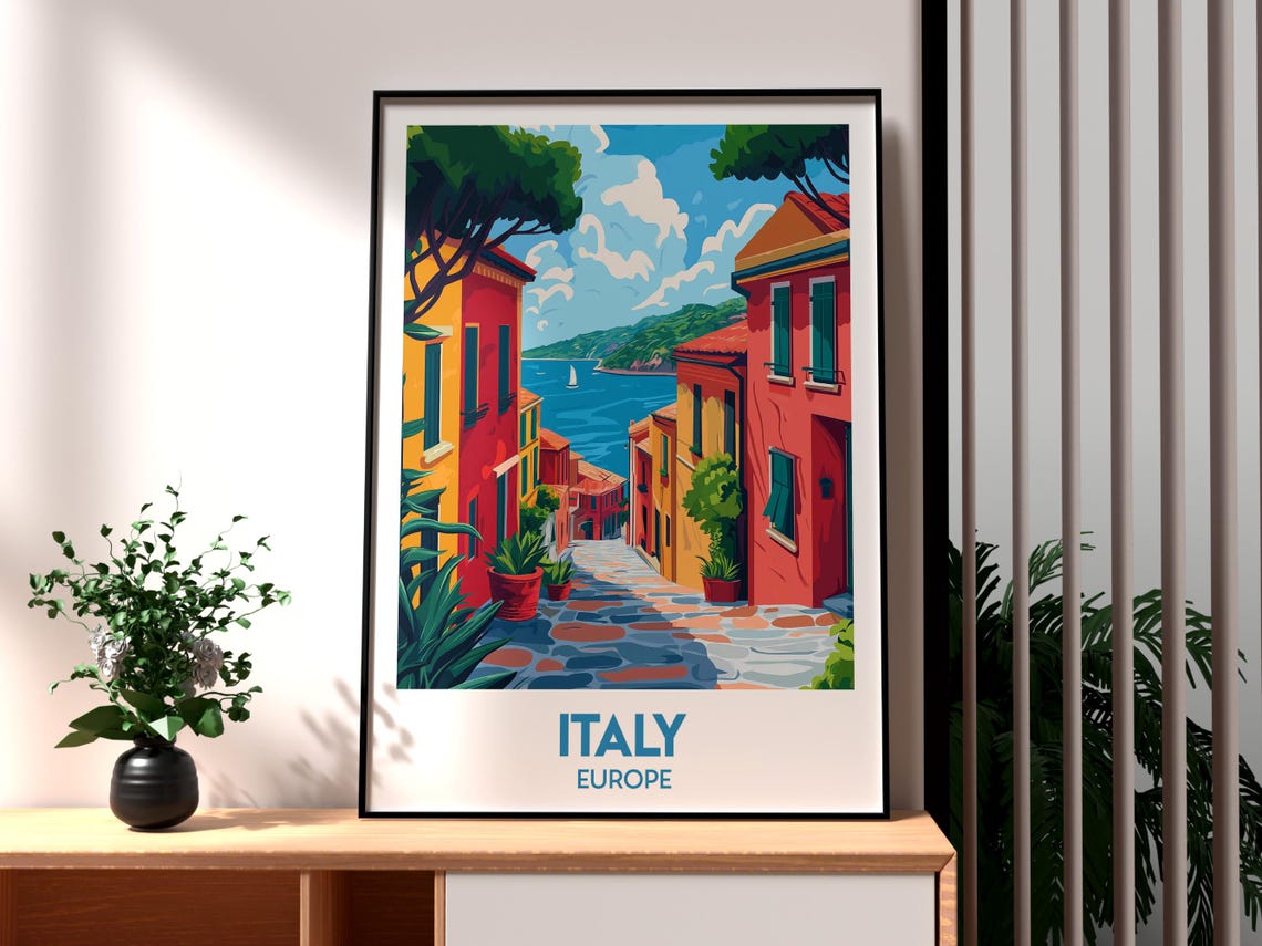 Italy Europe Charming Seaside Street Colorful Houses Sailboat Poster