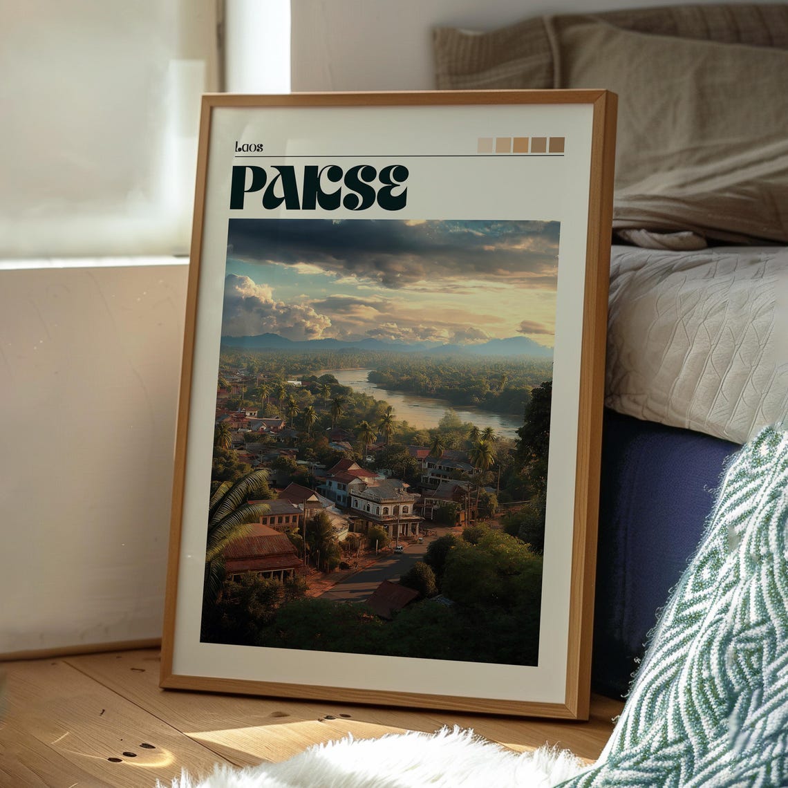 Pakse Laos Riverside Town Sunset Golden Light Scenic Travel Poster - Image 3