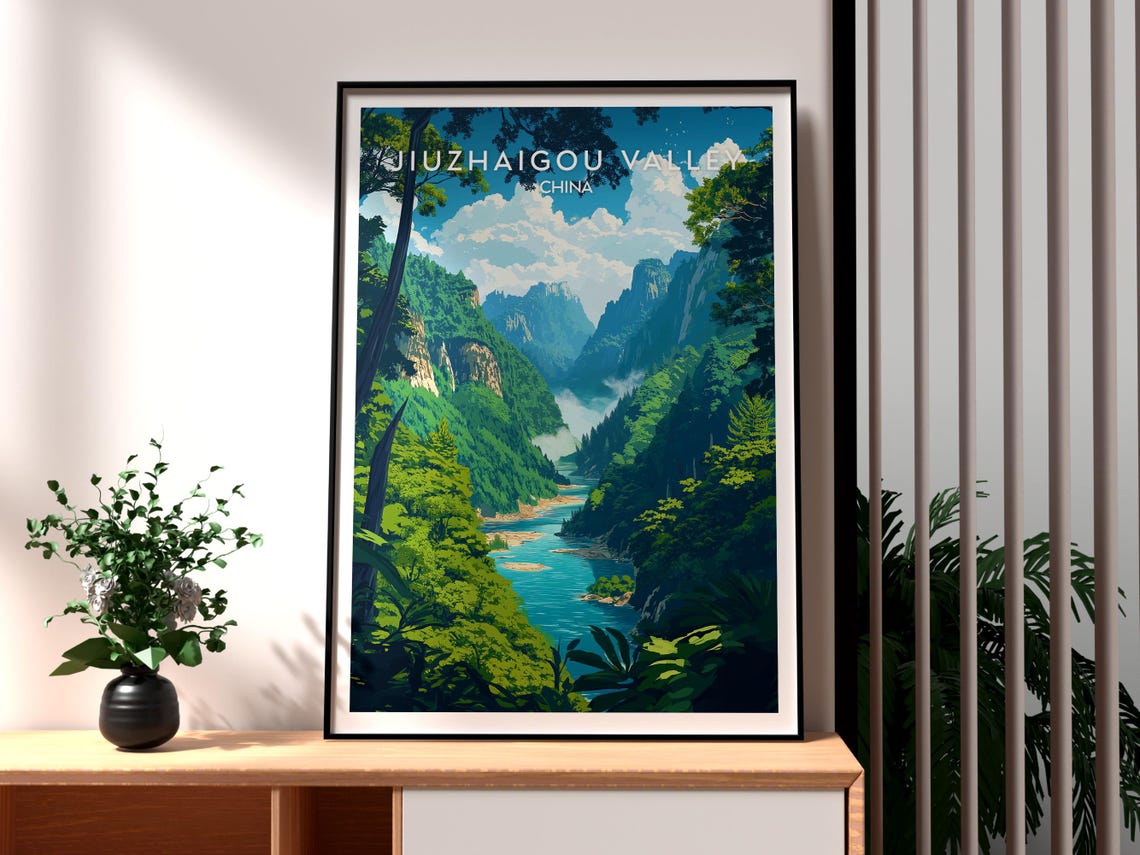 Jiuzhaigou Valley China Lush Forest Canyon Blue River Travel Poster