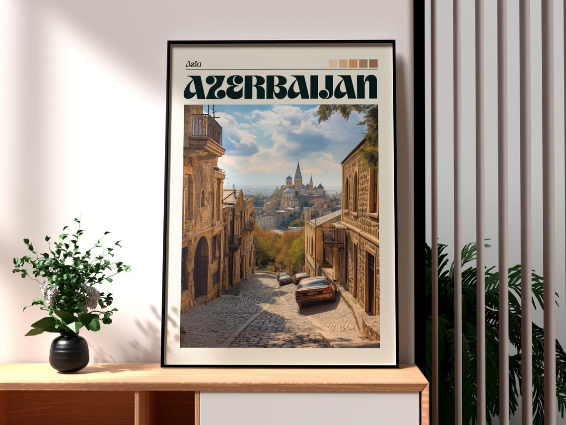 Azerbaijan Old Town Cobblestone Street Vintage Travel Poster