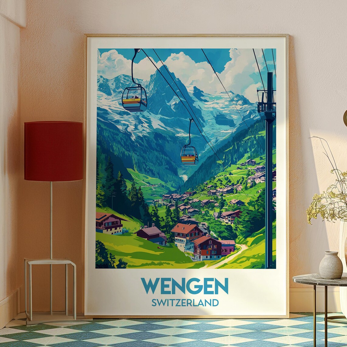 Wengen Switzerland Snowy Peaks Cable Cars over Alpine Chalets Poster - Image 2