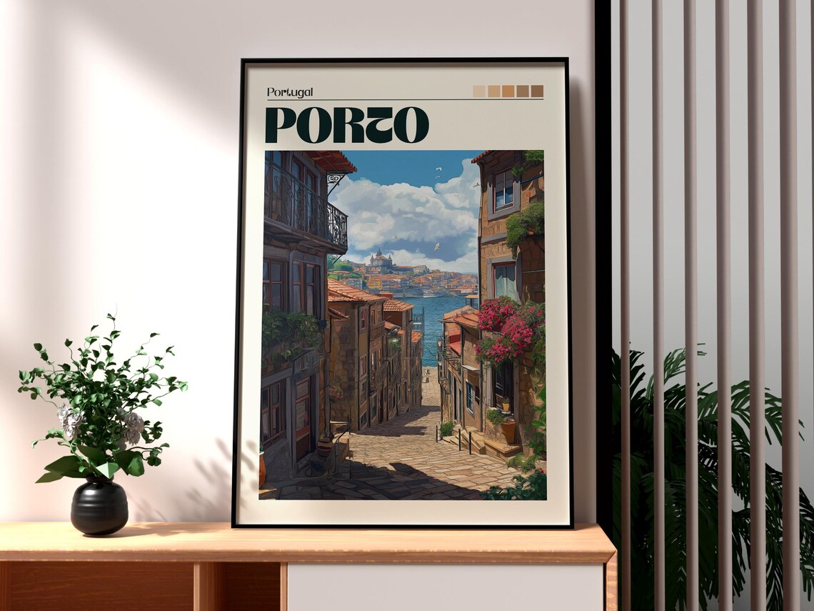 Porto Portugal Riverside Alley Douro River View Travel Poster
