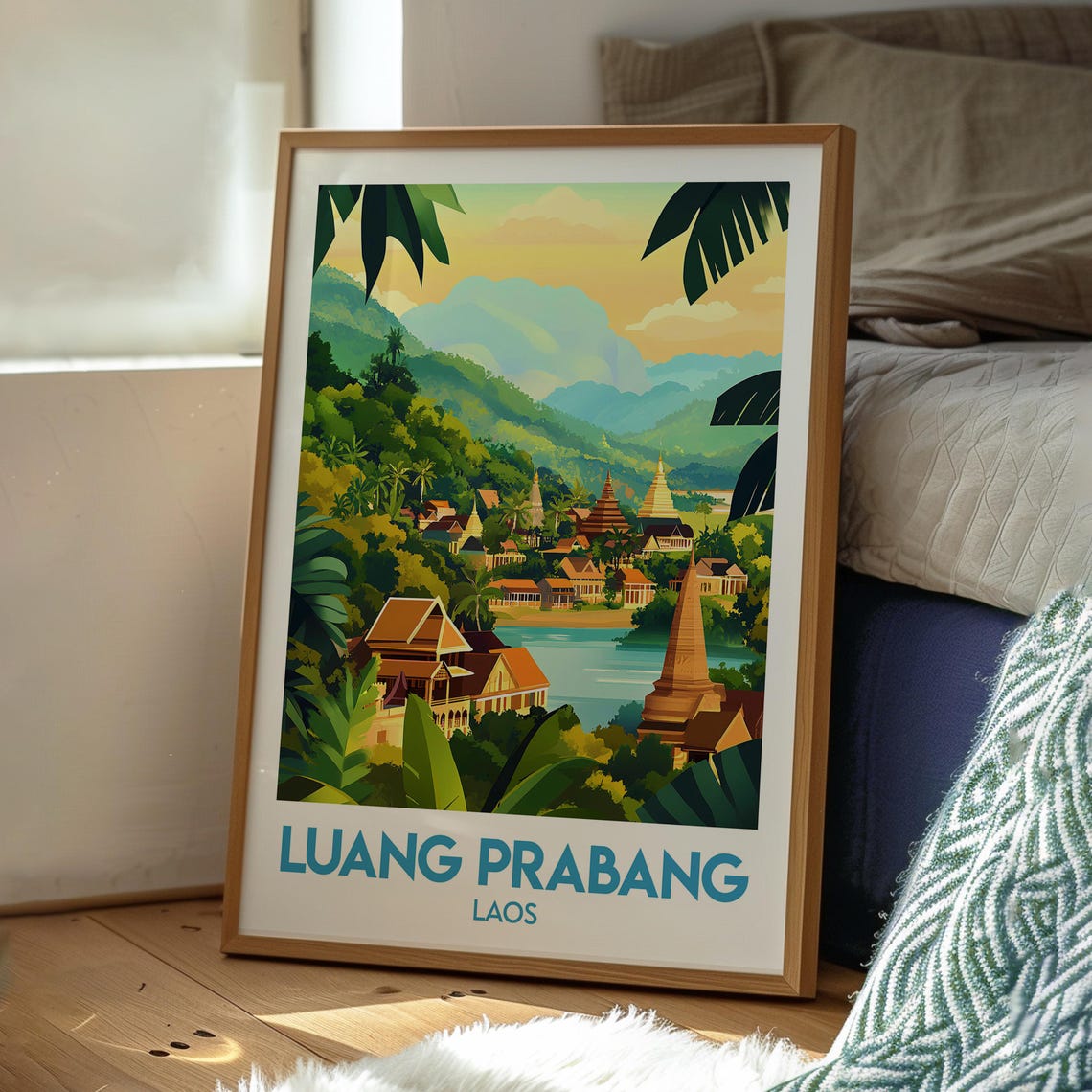 Luang Prabang Laos Riverside Temples Mountain Valley Travel Poster - Image 3