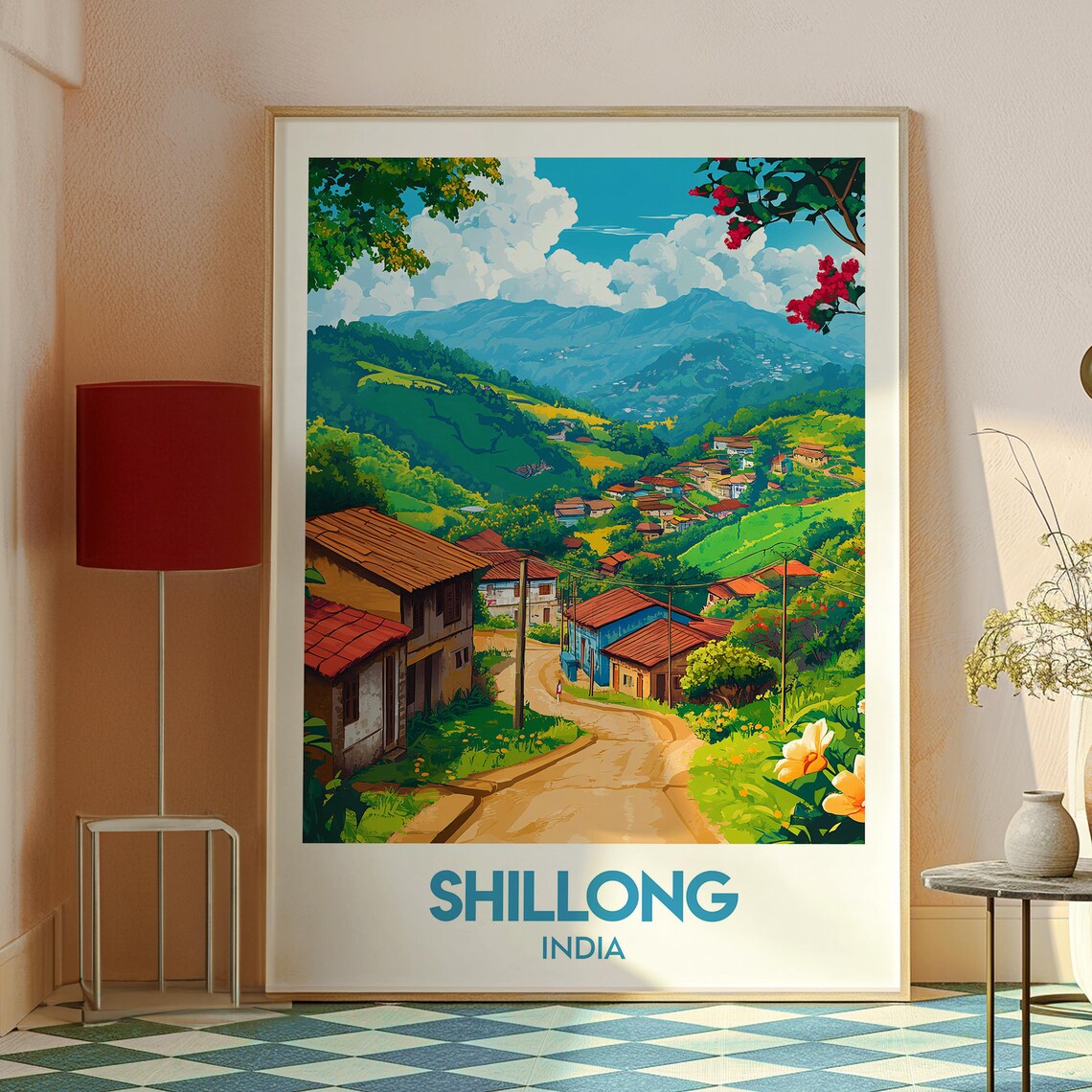 Shillong India Hillside Village Red Roofs Green Hills Travel Poster - Image 2