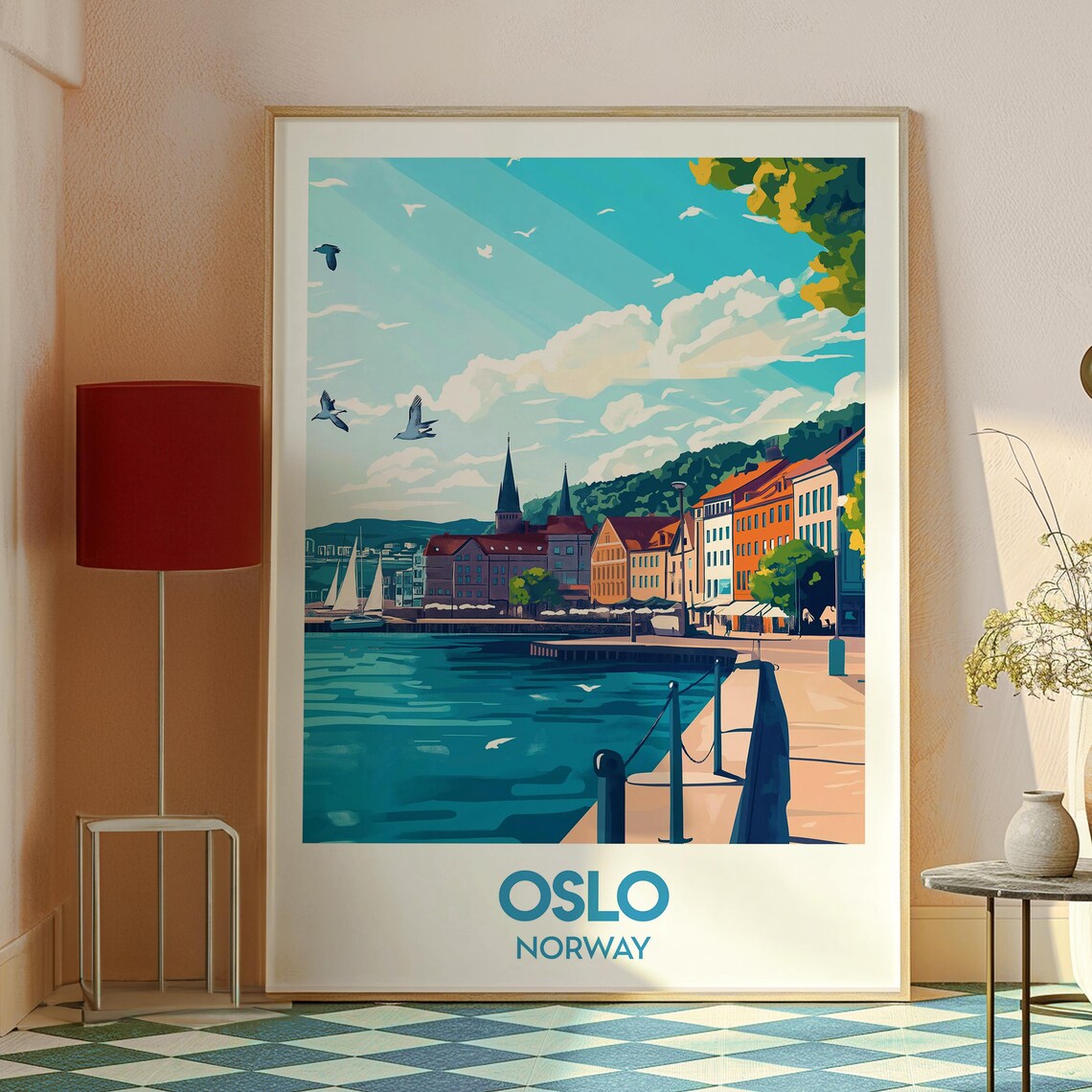 Oslo Norway Sunny Harbor Waterfront Boats and Seagulls Poster - Image 2