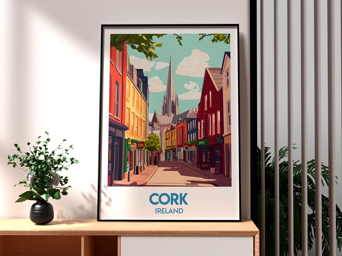 Cork Ireland Colorful Street Church Spire City Travel Art Poster