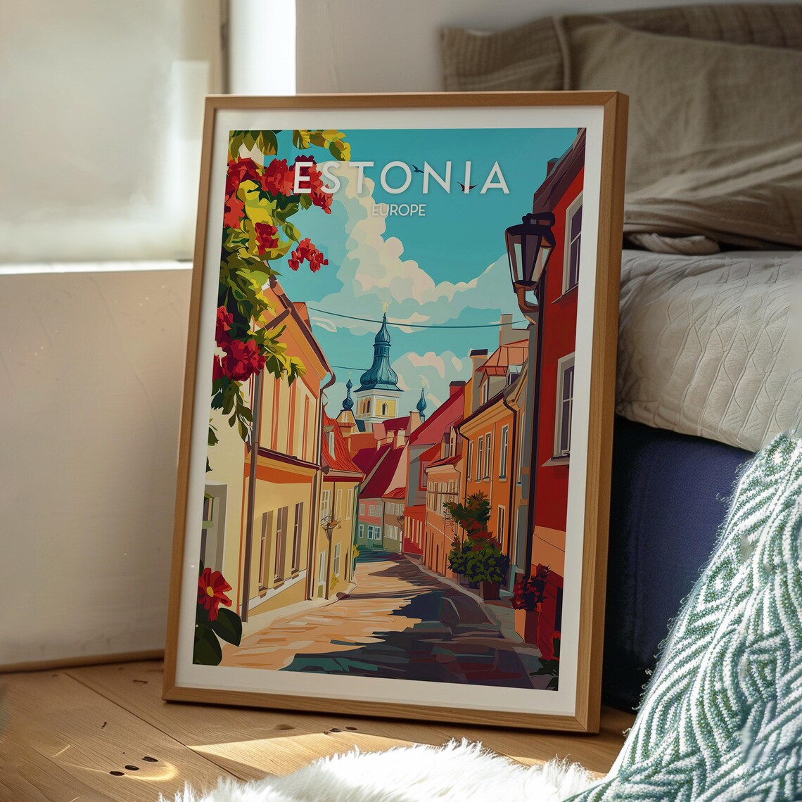 Estonia Europe Retro Travel Poster Old Town Street Church Dome - Image 3