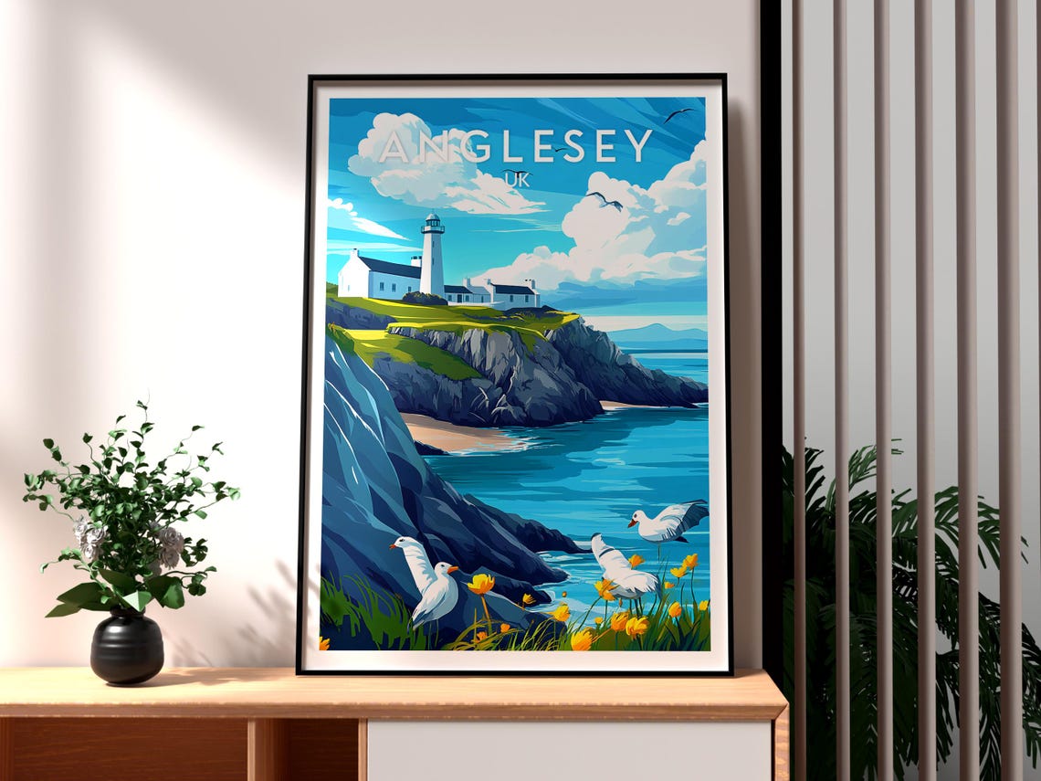 Anglesey UK Lighthouse Cliff Coast Seagulls Wales Travel Poster