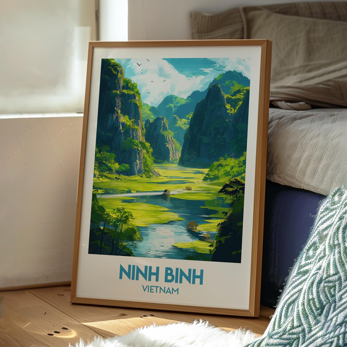 Ninh Binh Vietnam Limestone Karsts River Boats Vintage Travel Poster - Image 3