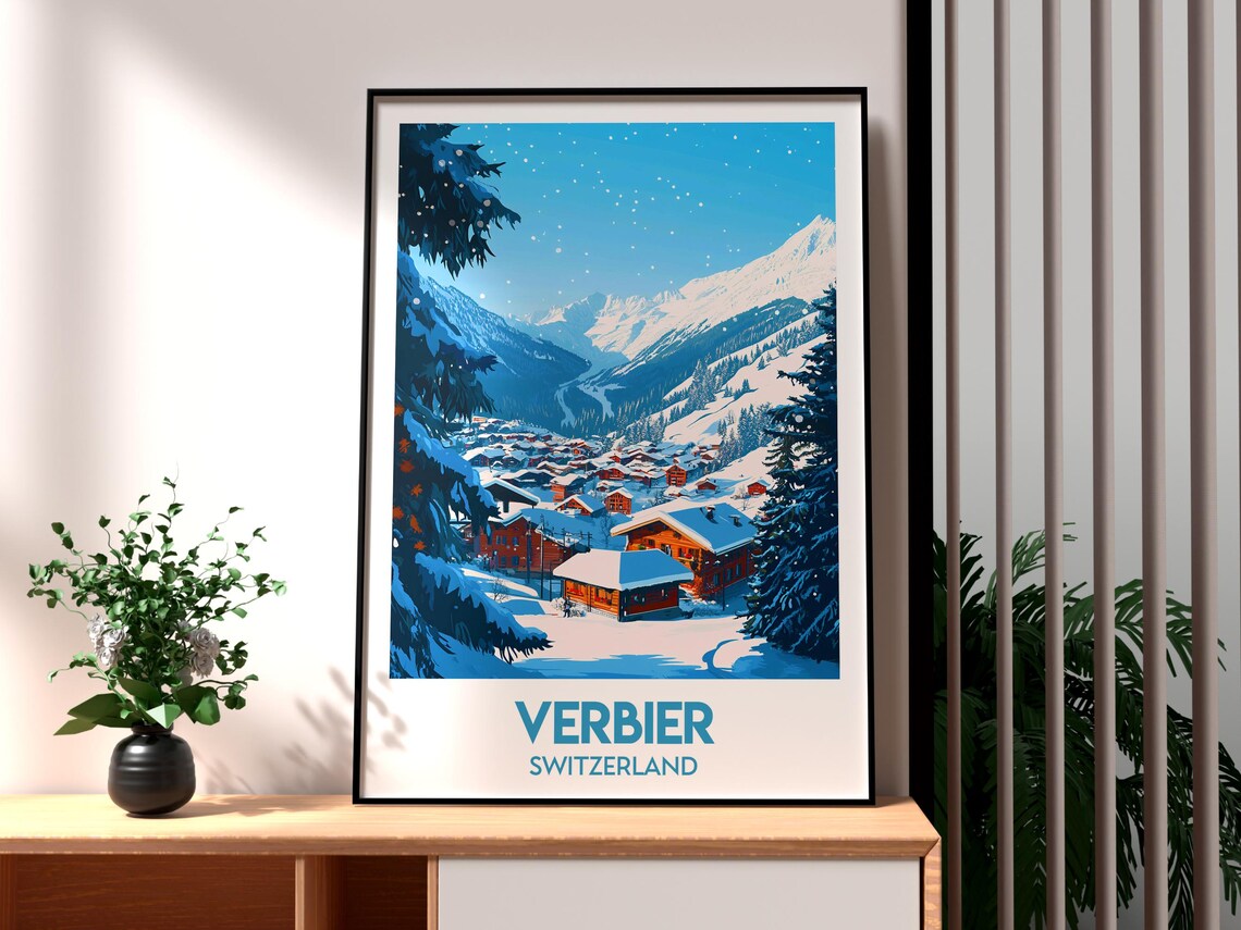 Verbier Switzerland Snowy Alpine Village Chalets Travel Winter Poster