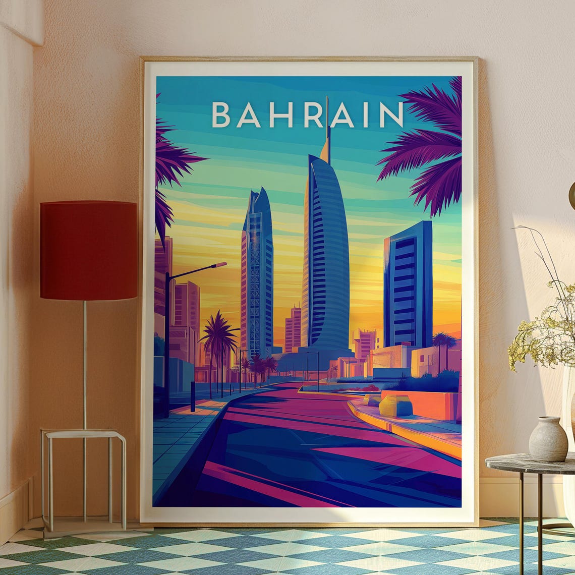 Bahrain Retro Travel Wall Art Sunset Skyline Palm Trees Cityscape - Image 2