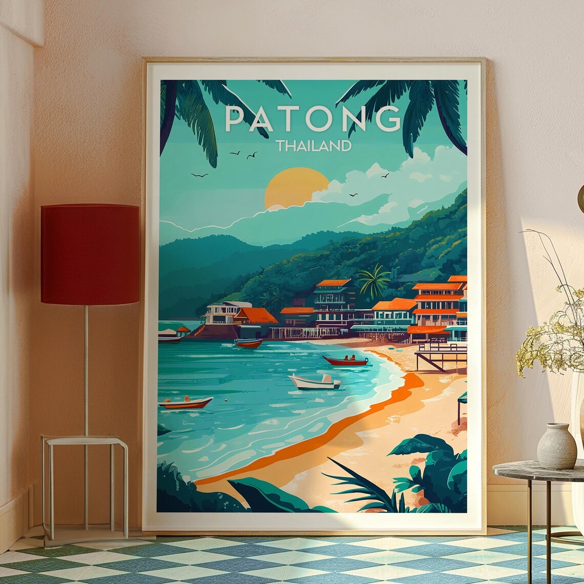 Patong Thailand Sunset Beach Boats Hillside Resorts Travel Poster - Image 2