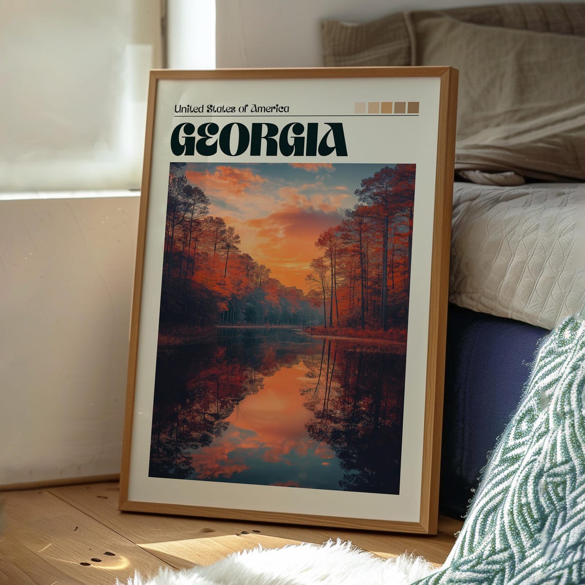 Georgia USA Pine Forest River Fiery Sunset Reflection Poster - Image 3