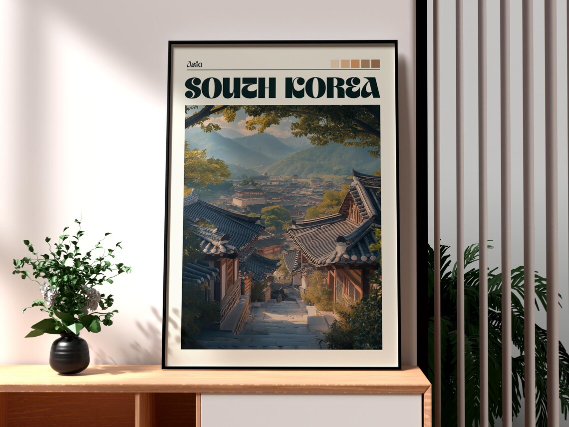 South Korea Asia Traditional Hanok Village Mountain Vista Poster