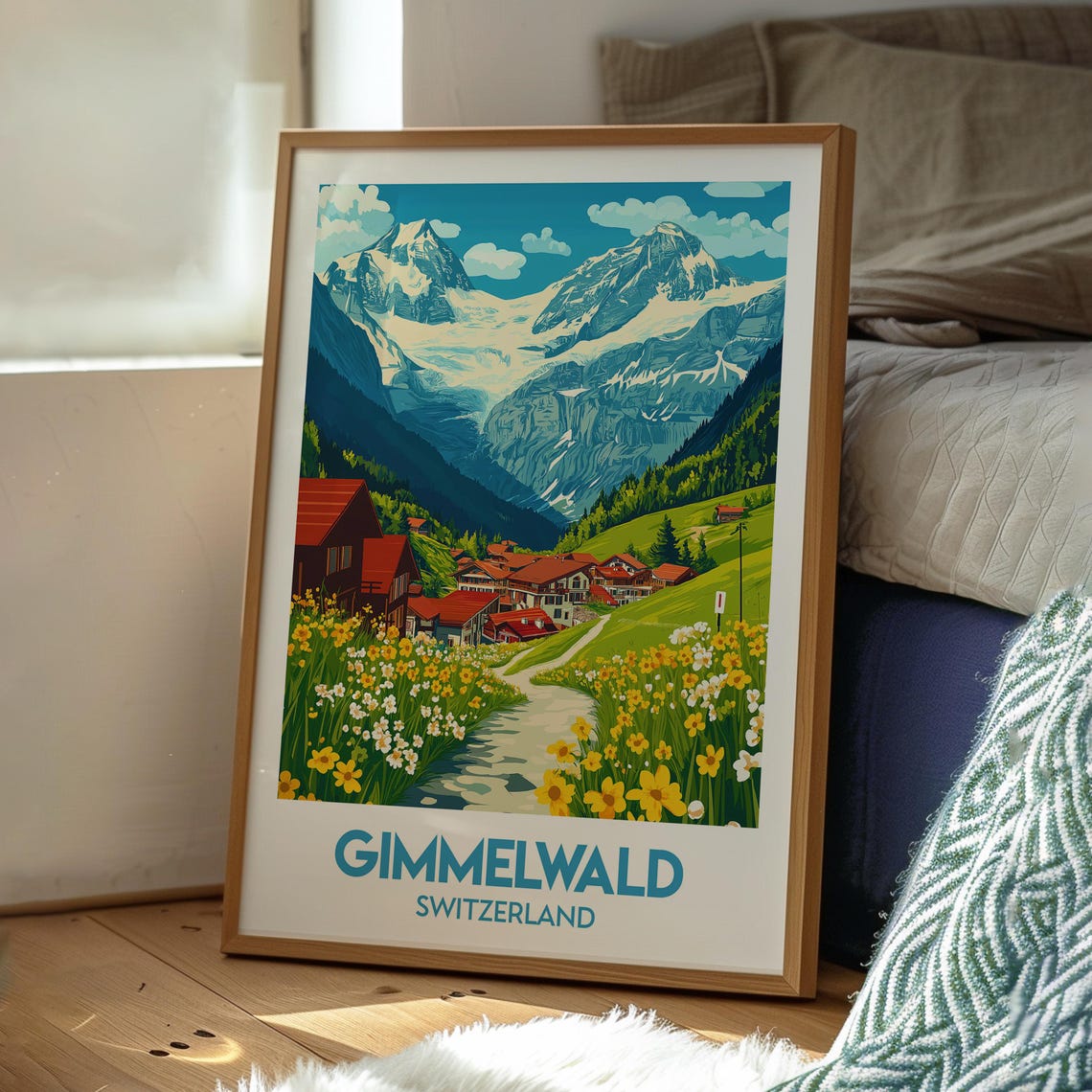 Gimmelwald Switzerland Alpine Village Snowy Peaks Meadow Travel Poster - Image 3