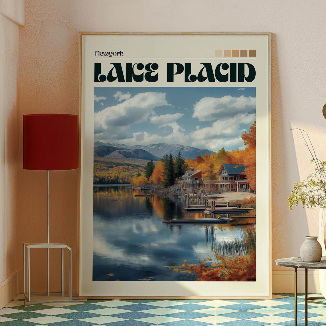 Lake Placid New York Autumn Fall Foliage Lakeside Cabins Poster - Image 2